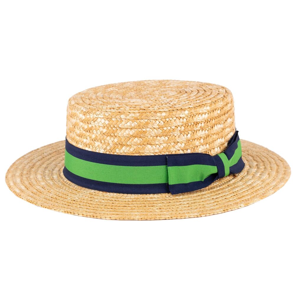 6837 Classic Straw Boater Hat Handmade from Natural Straw Navy-Green Band